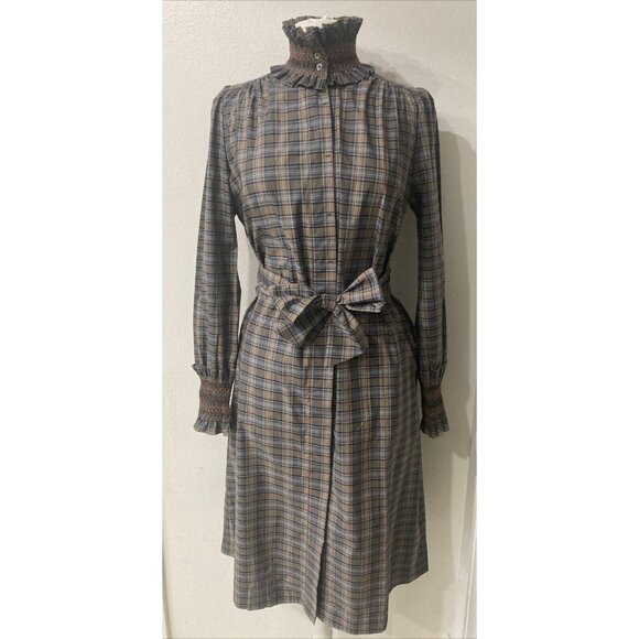 Plaid Long-Sleeve Dress with Bow Tie - Picture 1 of 11